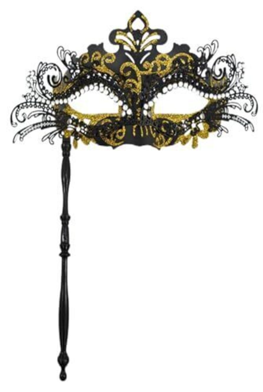 7319 Masquerade Mask Helding Stick Black Venetian Masks with Gold Glitter